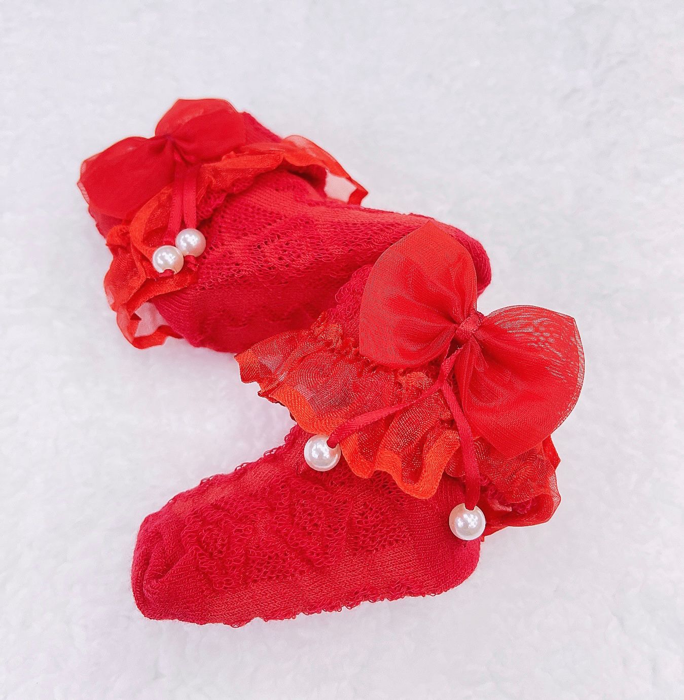 3 de pares de calcetines de algodón con encaje, detalles de cinta y perlas.